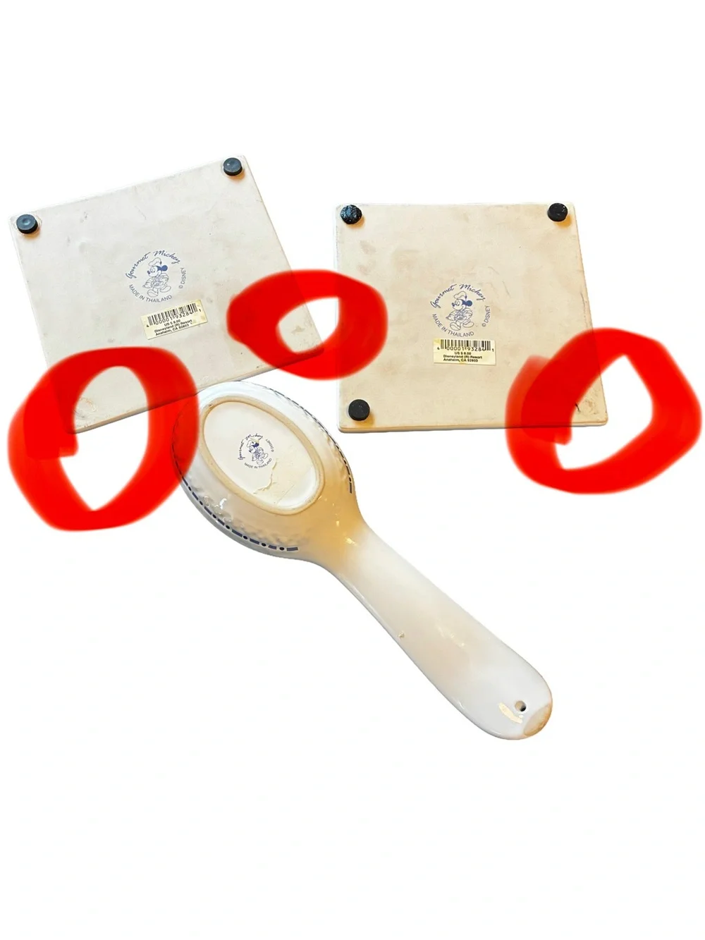 Disney Gourmet Mickey Ceramic Kitchen Set Spoon Rest + 2 Trivets Blue Embossed